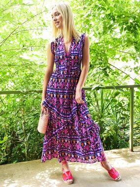 BANJANAN Donna Dress Pink Purple Cotton Voile Ruffle Midi Size Small
